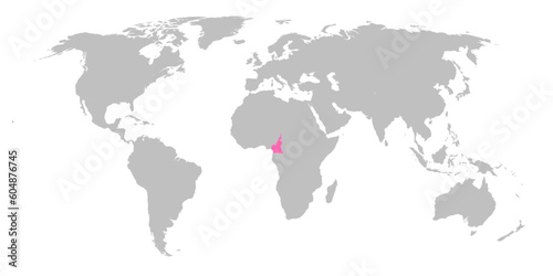 Vector map of the world with the country of Cameroon highlighted in Pink on grey white background.