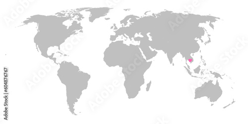Vector map of the world with the country of Cambodia highlighted in Pink on grey white background.