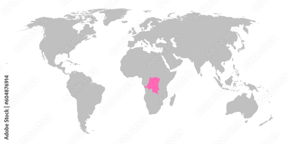 Vector map of the world with the country of Democratic Republic of the Congo highlighted in Pink on grey white background.