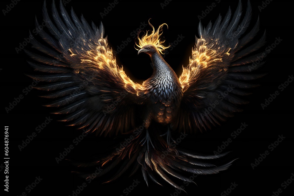 Obraz premium Abstract Art of Phoenix with Fire Blazing Wings on Black Background Generative AI 