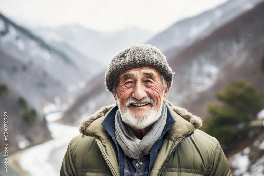 Close-up portrait photography of a grinning old man wearing a cozy winter coat against a scenic mountain trail background. With generative AI technology Close-up portrait photography of a grinning old man wearing a cozy winter coat against a scenic mountain trail background. With generative AI technology