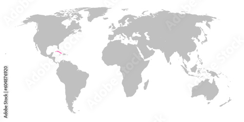 Vector map of the world with the country of Cuba highlighted in Pink on grey white background.