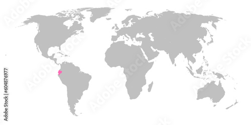 Vector map of the world with the country of Ecuador highlighted in Pink on grey white background.
