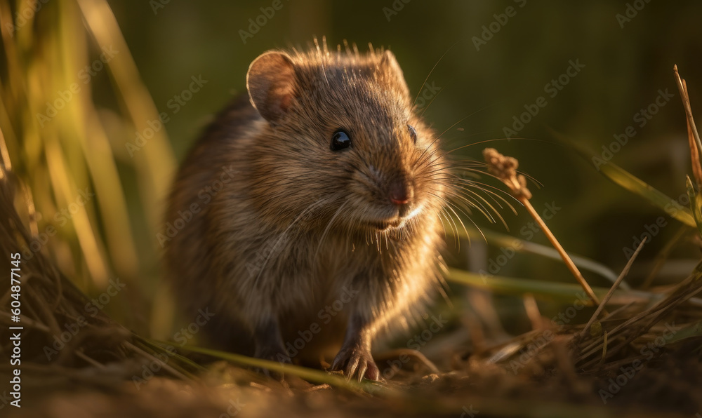 photo of meadow vole in tall grass at sunset. Generative AI photo of meadow vole in tall grass at sunset. Generative AI