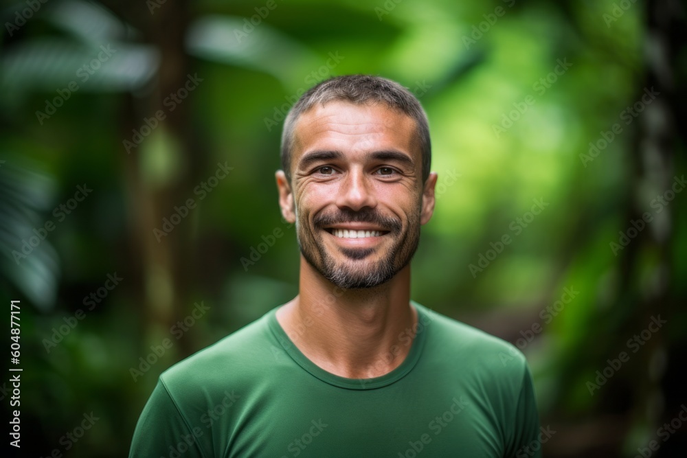 Medium shot portrait photography of a satisfied boy in his 30s wearing a sporty polo shirt against a lush tropical jungle background. With generative AI technology Medium shot portrait photography of a satisfied boy in his 30s wearing a sporty polo shirt against a lush tropical jungle background. With generative AI technology
