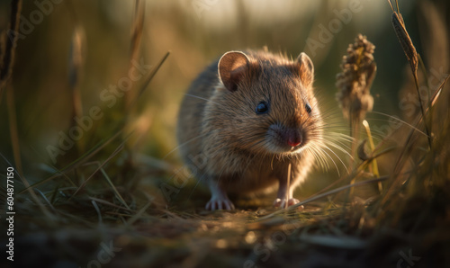 photo of meadow vole in tall grass at sunset. Generative AI