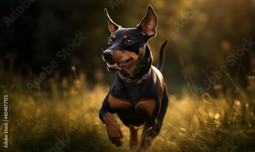 Photo of Miniature Pinscher, captured in motion as it energetically chases after a ball in a grassy park. The image showcases the breed's playful and athletic nature. Generative AI photo