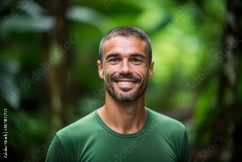 Medium shot portrait photography of a satisfied boy in his 30s wearing a sporty polo shirt against a lush tropical jungle background. With generative AI technology