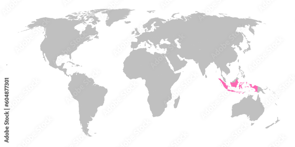Vector map of the world with the country of Indonesia highlighted in Pink on grey white background.
