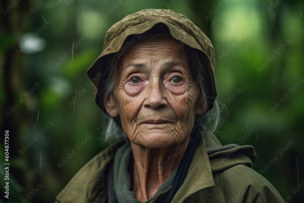 Medium shot portrait photography of a tender old woman wearing a durable parka against a lush tropical jungle background. With generative AI technology