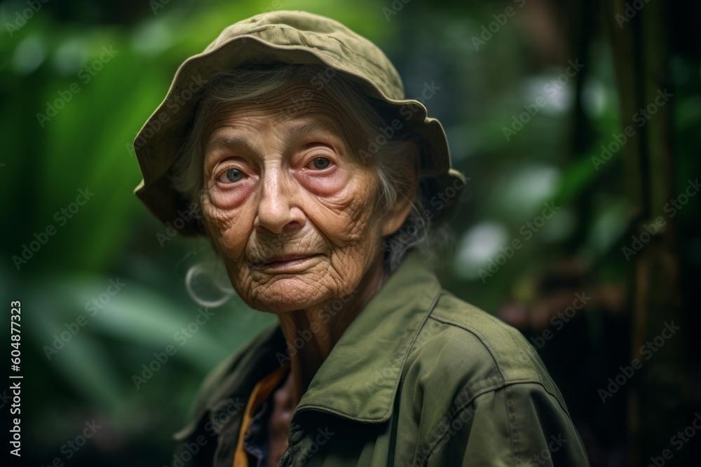 Medium shot portrait photography of a tender old woman wearing a durable parka against a lush tropical jungle background. With generative AI technology