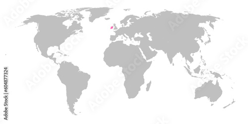 Vector map of the world with the country of Ireland highlighted in Pink on grey white background.
