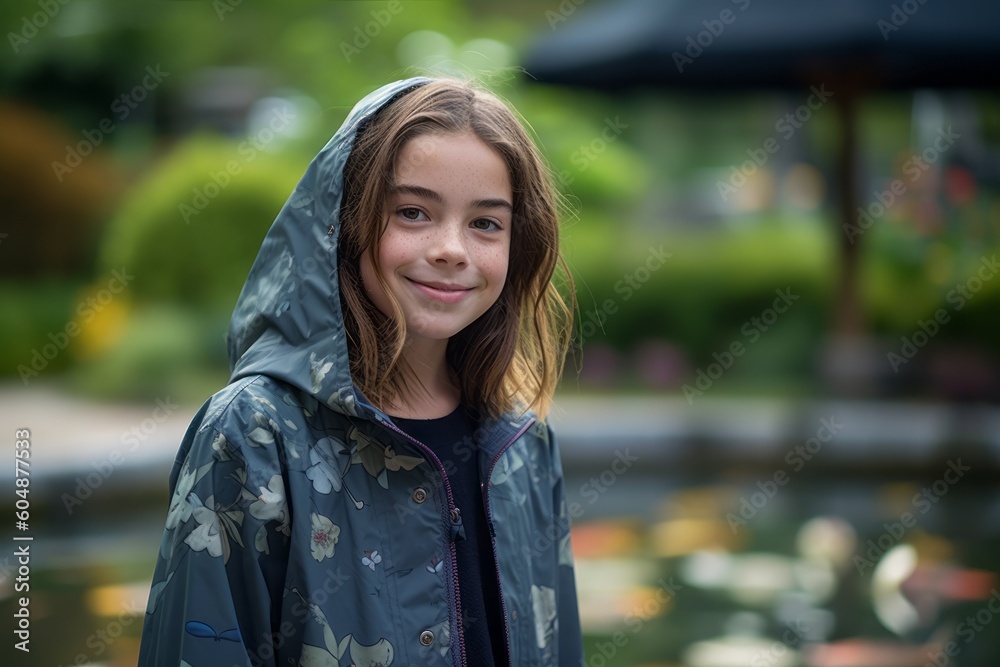 Environmental portrait photography of a grinning kid female wearing a lightweight windbreaker against a tranquil koi pond background. With generative AI technology