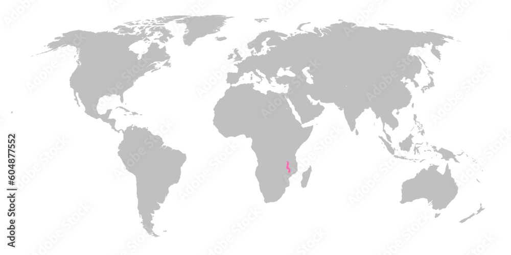 Vector map of the world with the country of Malawi highlighted in Pink on grey white background.