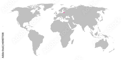 Vector map of the world with the country of Lithuania highlighted in Pink on grey white background.