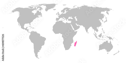 Vector map of the world with the country of Madagascar highlighted in Pink on grey white background.