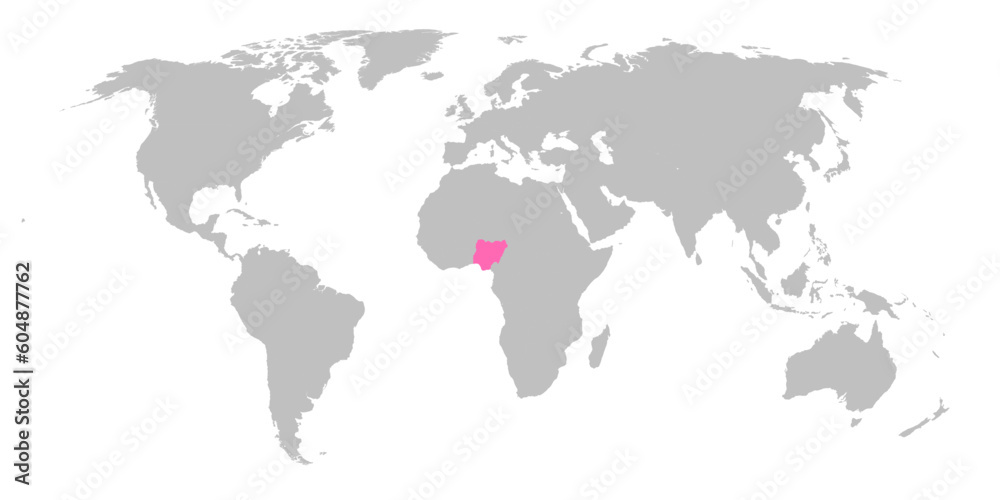 Vector map of the world with the country of Nigeria highlighted in Pink on grey white background.