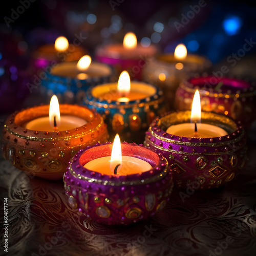 Close up image of vibrant decorated diwali candles, Hindu festival of lights celebration, Generative AI