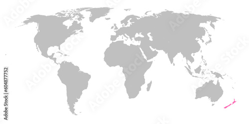 Vector map of the world with the country of New Zealand highlighted in Pink on grey white background.