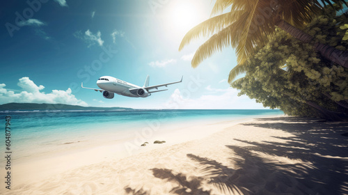 Commercial airplane flying above and travel to exotic destination