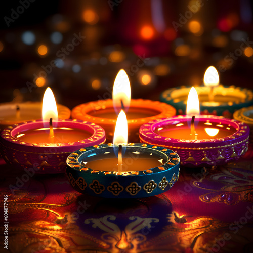 Fotobehang Close up image of lit diwali candles, colorful, Hindu festival of lights celebra