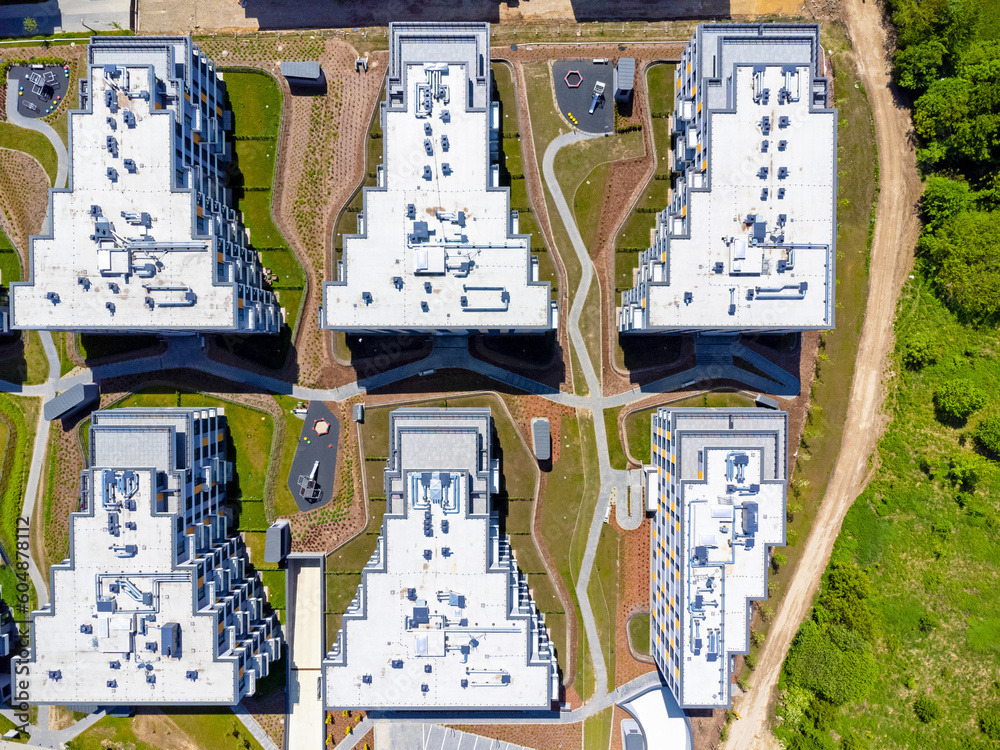 Aerial view landscape, Poland Cracow. Estate with blocks of flats seen from a drone. Modern apartments.