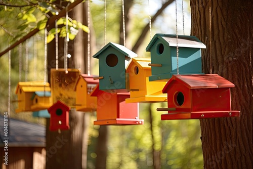 Foto brightly colored feeders hanging from birdhouses among the trees, created with g