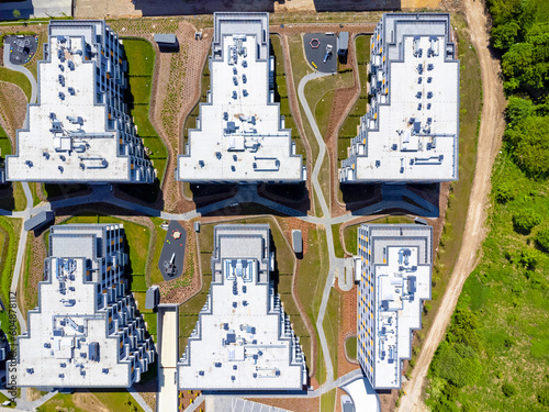 Obraz na płótnie Aerial view landscape, Poland Cracow. Estate with blocks of flats seen from a drone. Modern apartments. w salonie