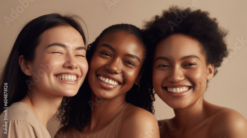 Three smiling young women pose together on a light studio background, embracing self-love and confidence. Generative AI