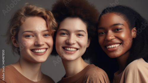 Three multicultural young women, their cheerful smiles lighting up the light studio scene. Generative AI