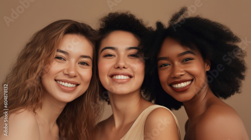 Three multicultural young women, their radiant smiles reflecting happiness and body positivity in a light studio. Generative AI