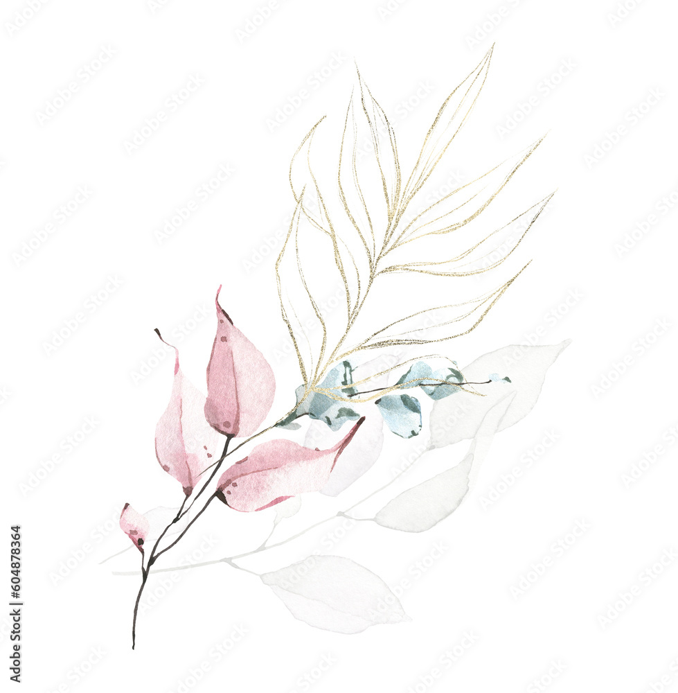 Greenery arrangement watercolor painted. Bouquet with blue, pink, golden line texture leaves, twigs branches. Greenery arrangement watercolor painted. Bouquet with blue, pink, golden line texture leaves, twigs branches.