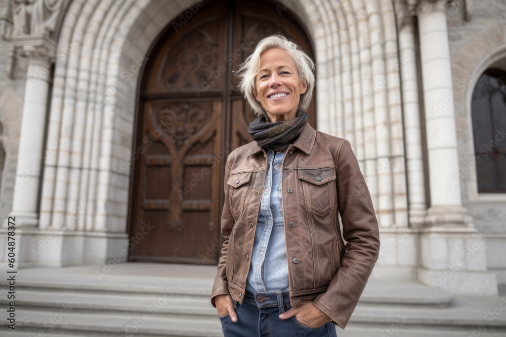 Environmental portrait photography of a satisfied mature woman wearing comfortable jeans against a historic church background. With generative AI technology