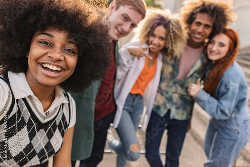 group portrait of selfie multiethnic friends -students, travelers, millennials.