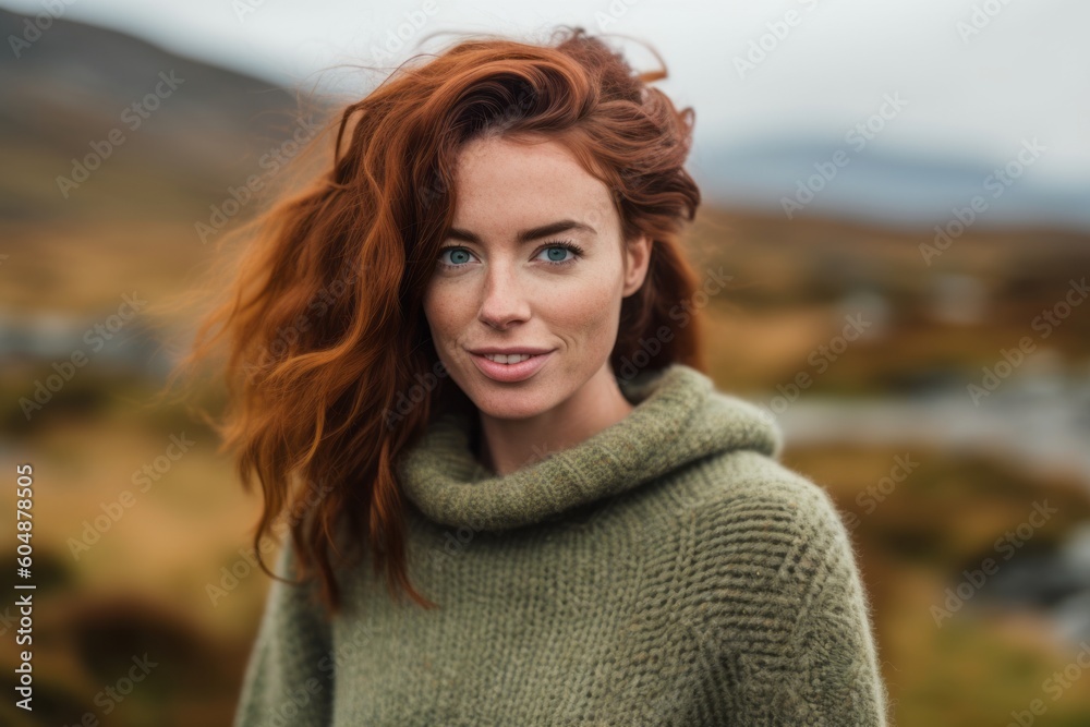 Medium shot portrait photography of a glad girl in her 30s wearing a cozy sweater against a picturesque countryside background. With generative AI technology Medium shot portrait photography of a glad girl in her 30s wearing a cozy sweater against a picturesque countryside background. With generative AI technology