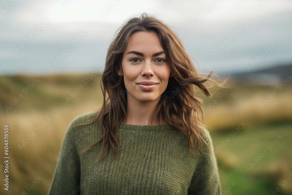 Medium shot portrait photography of a glad girl in her 30s wearing a cozy sweater against a picturesque countryside background. With generative AI technology