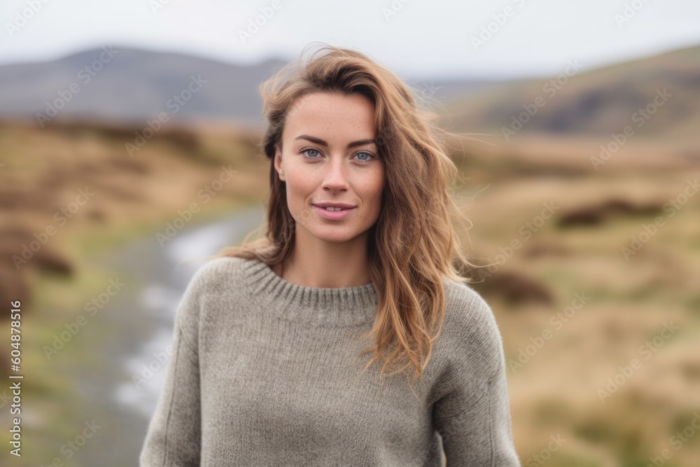 Medium shot portrait photography of a glad girl in her 30s wearing a cozy sweater against a picturesque countryside background. With generative AI technology Medium shot portrait photography of a glad girl in her 30s wearing a cozy sweater against a picturesque countryside background. With generative AI technology
