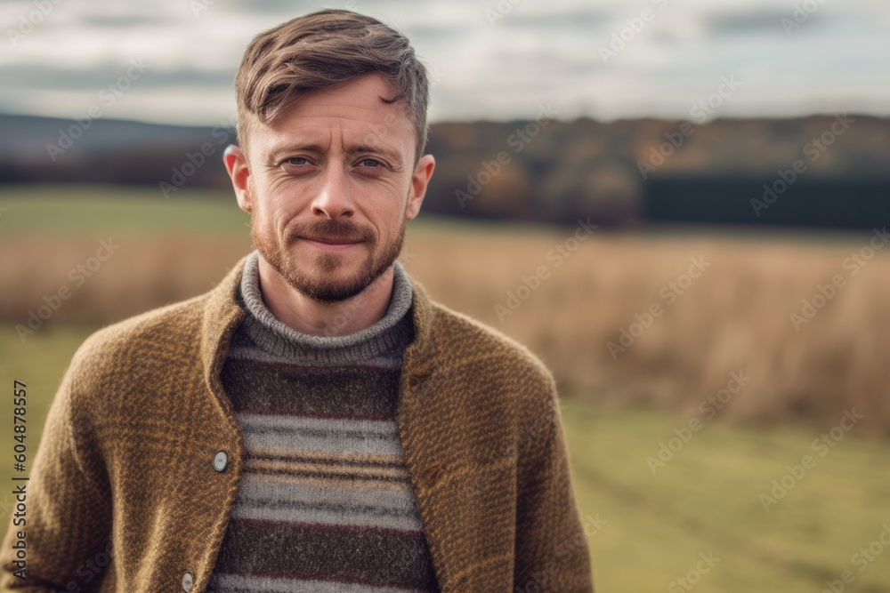 Lifestyle portrait photography of a tender boy in his 30s wearing a cozy sweater against a picturesque countryside background. With generative AI technology Lifestyle portrait photography of a tender boy in his 30s wearing a cozy sweater against a picturesque countryside background. With generative AI technology