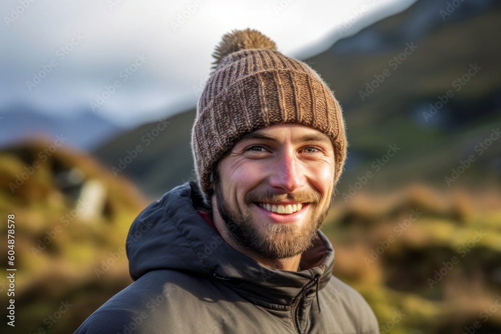 Lifestyle portrait photography of a grinning boy in his 30s wearing a warm beanie or knit hat against a picturesque countryside background. With generative AI technology