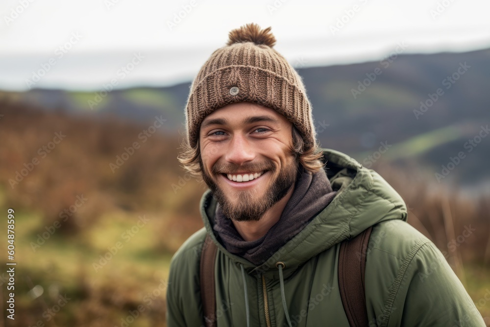 Lifestyle portrait photography of a grinning boy in his 30s wearing a warm beanie or knit hat against a picturesque countryside background. With generative AI technology
