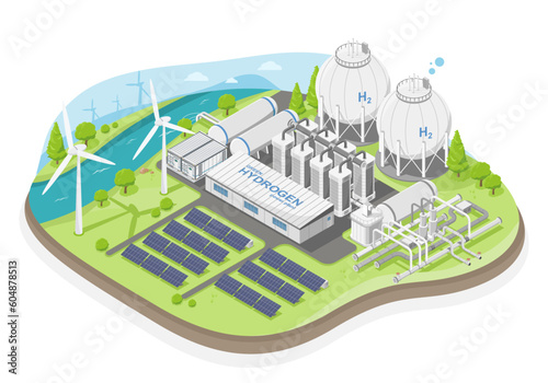 Green hydrogen power plant concept with solar cell and wind turbine energy for h2 ecology powerhouse electricity in nature isometric isolated cartoon vector 