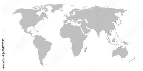 Fototapeta Naklejka Na Ścianę i Meble -  Vector map of the world with the country of North Korea highlighted in Pink on grey white background.