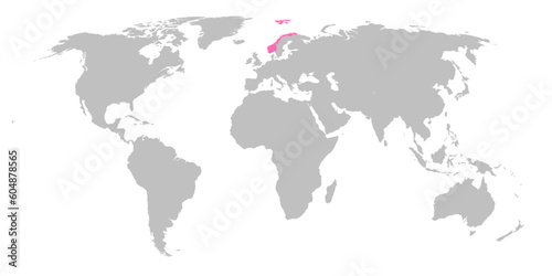 Vector map of the world with the country of Norway highlighted in Pink on grey white background.