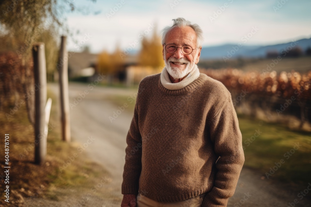 Full-length portrait photography of a glad old man wearing a cozy sweater against a picturesque countryside background. With generative AI technology