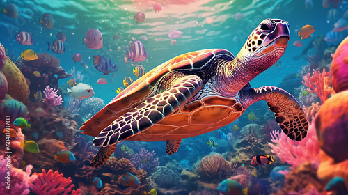 turtle with group of colorful fish and sea animals with colorful coral underwater in ocean, Generative A © Nakron