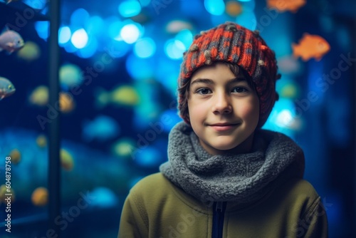 Environmental portrait photography of a glad kid male wearing a warm beanie or knit hat against a vibrant aquarium background. With generative AI technology