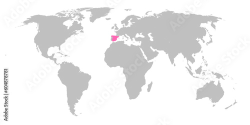 Vector map of the world with the country of Spain highlighted in Pink on grey white background.