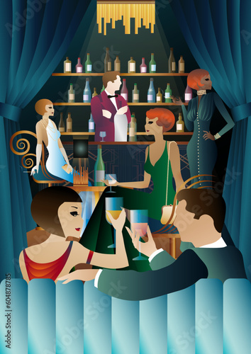 The party at the bar in the style of the early 20th century. Retro party vector illustration. Art Deco style.