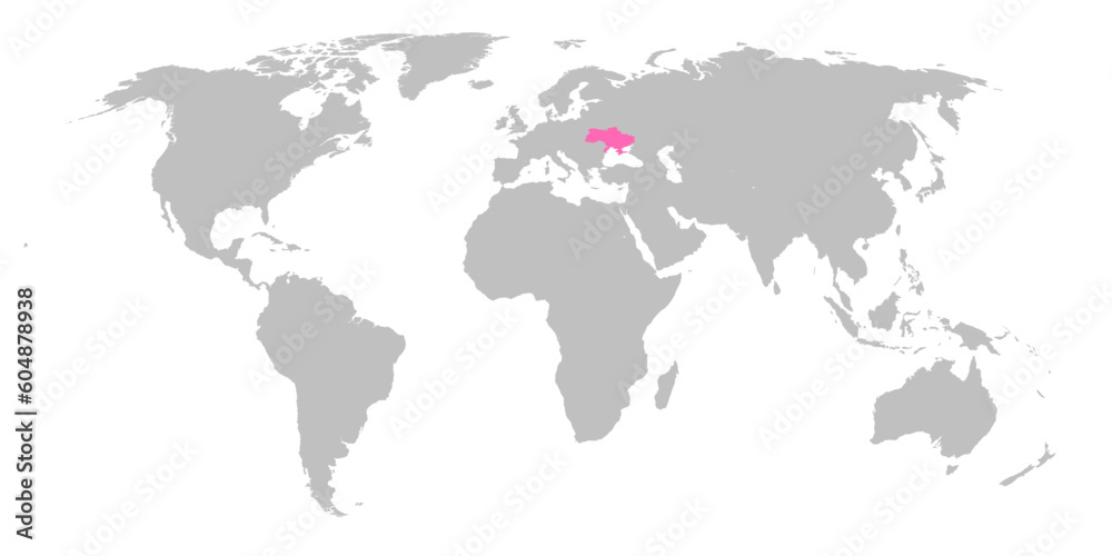 Vector map of the world with the country of Ukraine highlighted in Pink on grey white background.