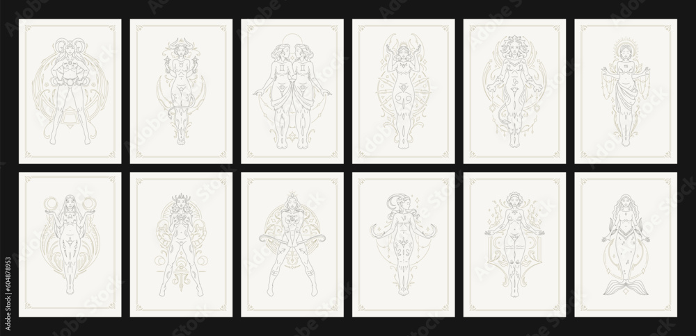 Horoscope antique female zodiac symbol goddess line art deco poster design set vector - obrazy, fototapety, plakaty 